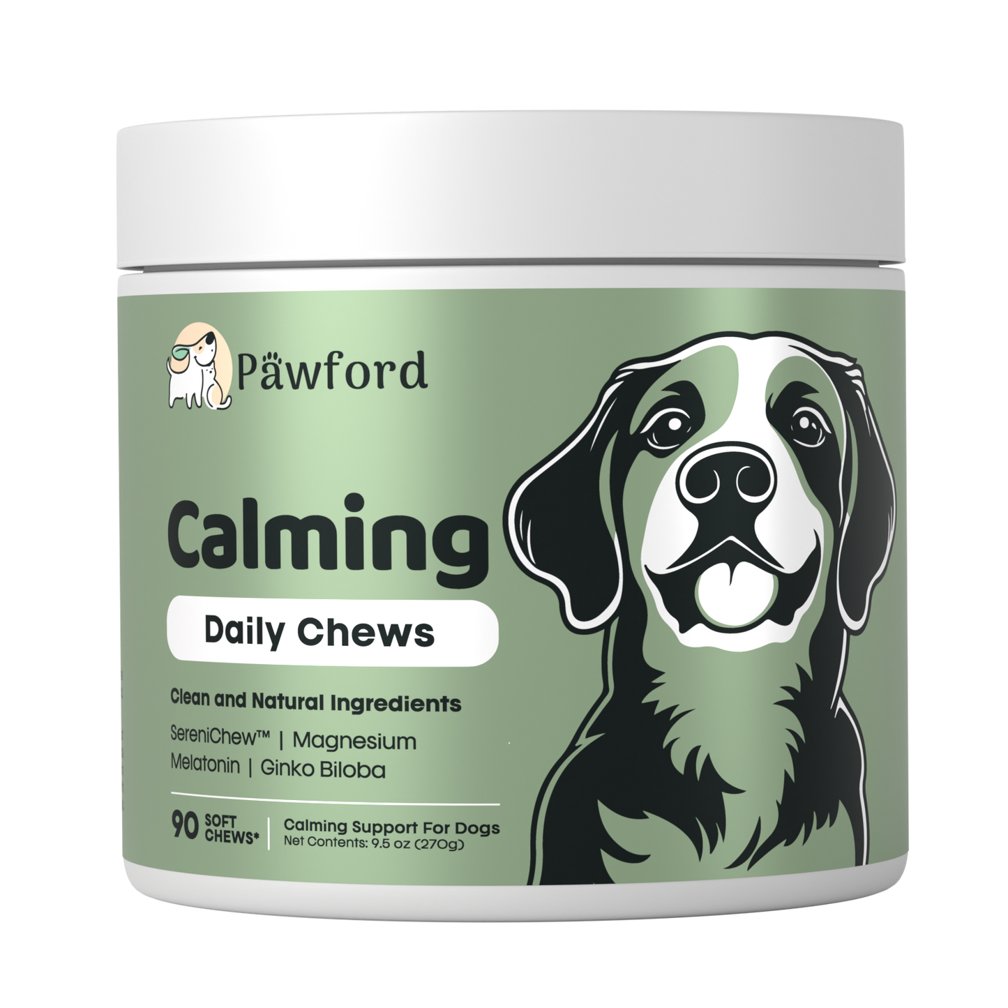 Jar of Pawford Calming Daily Chews for dogs on a white background