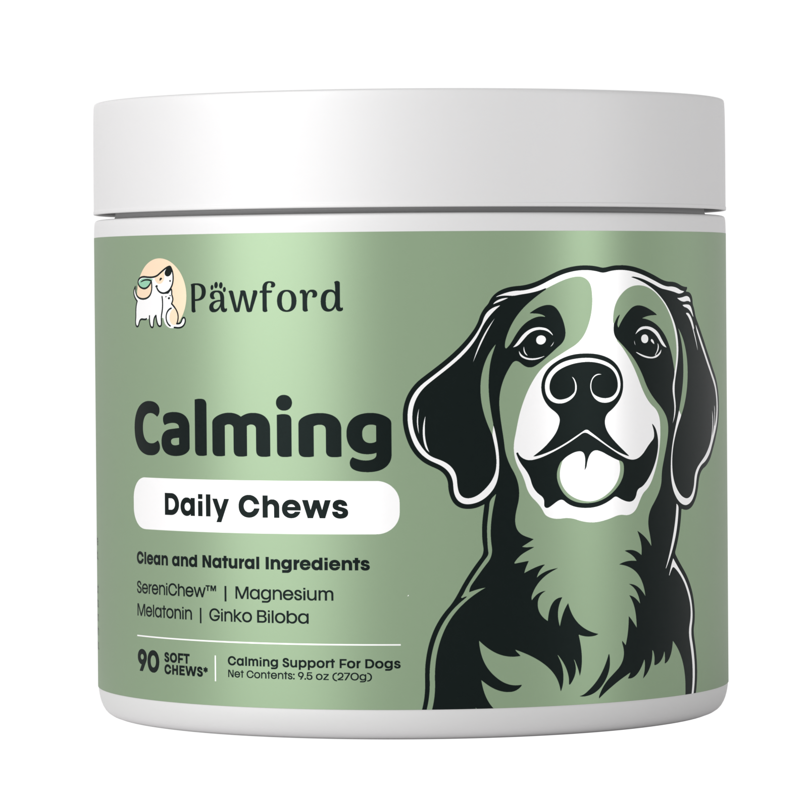 Jar of Pawford Calming Daily Chews for dogs on a white background